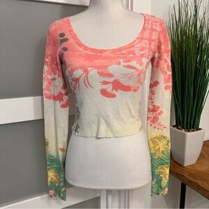 Y2K Lucky Brand Japanese Cropped Waffle Knit Thermal SZ XSmall Floral GUC